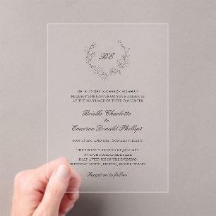 Invitaciones Acrílicas Wreath Monograma Elegante Boda