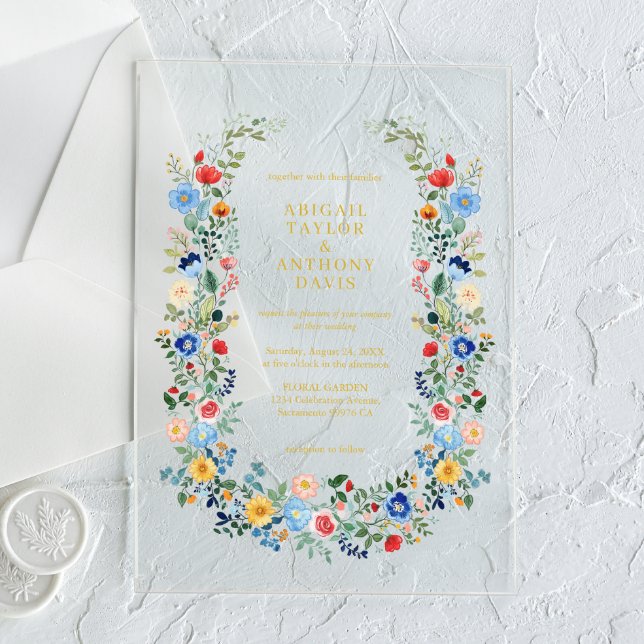 Invitaciones Acrílicas Wreath Wreath Gold Script Wedding Garden (Subido por el creador)