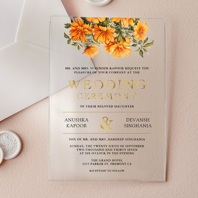 Invitaciones Acrílicas Yellow Marigold Floral South Indian Wedding (Subido por el creador)