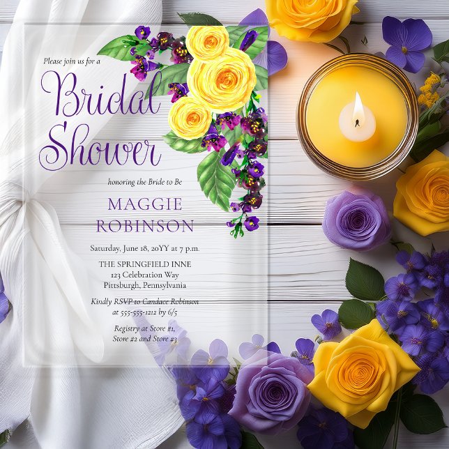 Invitaciones Acrílicas Yellow Roses | Violets Boho Floral Bridal Shower (Elegant Yellow Roses and Purple Violets Boho Floral Bridal Shower Acrylic Invitation)