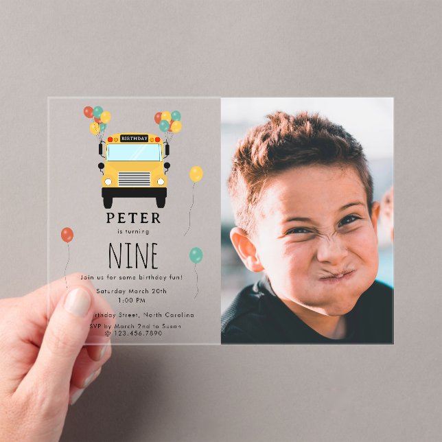 Invitaciones Acrílicas Yellow School Bus Kids Birthday Party Custom Photo (Insitu (portátil))