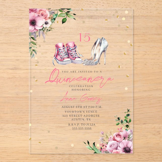 Invitaciones Acrílicas Zapatos Calzado Quinceañera Talones De Sneakers Ro (Anverso)