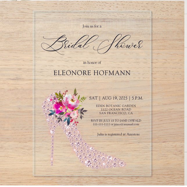 Invitaciones Acrílicas Zapatos de tacón alto florales rosados para desped (Subido por el creador)