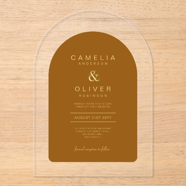 Invitaciones Acrílicas Zazzle Boda acrílico Arco de texto Terracota Gold (Anverso)