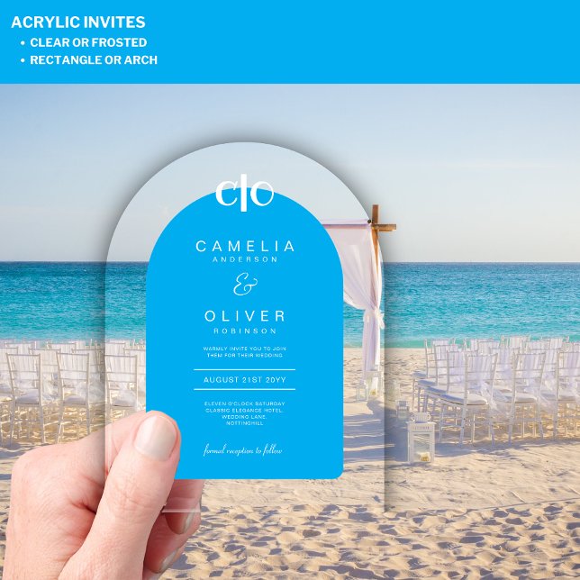 Invitaciones Acrílicas Zazzle Boda acrílico cielo azul Arco de texto blan (Subido por el creador)