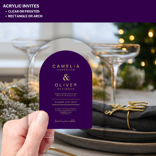 Invitaciones Acrílicas Zazzle Boda acrílico Deep Purple Gold Arco de text