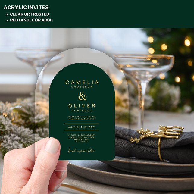 Invitaciones Acrílicas Zazzle Boda acrílico Emerald Green Gold Textos (Subido por el creador)