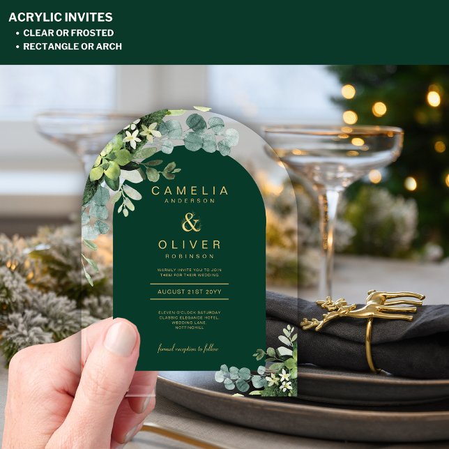 Invitaciones Acrílicas Zazzle Boda acrílico Eucaliptus verde oro Textos (Subido por el creador)