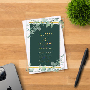 Invitaciones Acrílicas Zazzle Boda acrílico Eucaliptus verde oro Textos