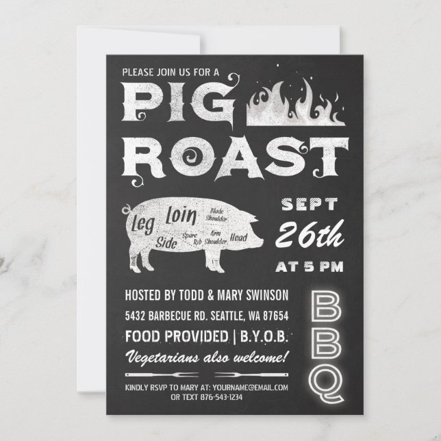 Invitaciones al asado de cerdo| Cartón de barbacoa (Anverso)