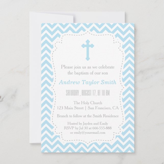 Invitaciones al bautismo cruzado de cheurón azul (Anverso)