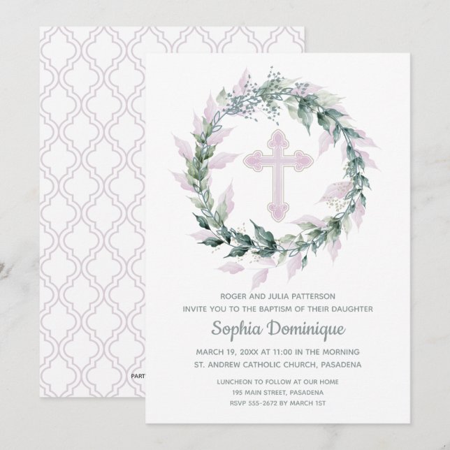 Invitaciones al bautismo cruzado rosa de color de  (Anverso / Reverso)