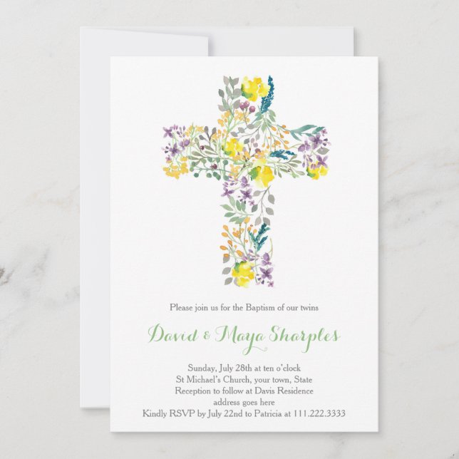 invitaciones al bautismo de color púrpura verde ol (Anverso)