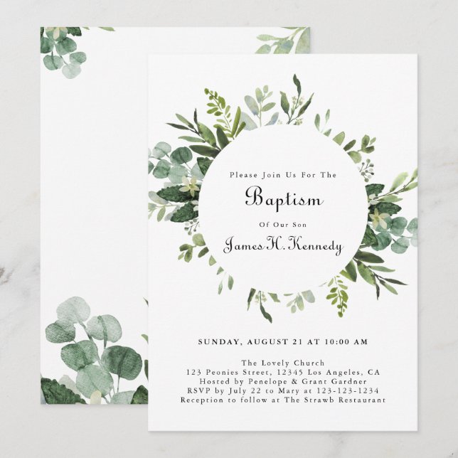 Invitaciones al bautismo de Eucalyptus (Anverso / Reverso)