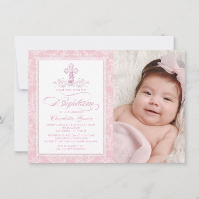 Invitaciones al bautismo de foto de Chicas cruzado (Anverso)