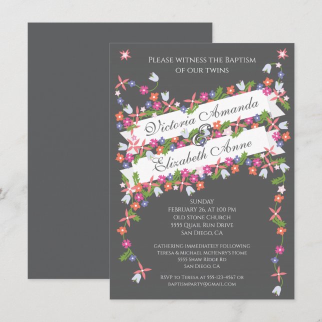 Invitaciones al bautismo de los mellizos florales  (Anverso / Reverso)