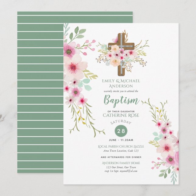 Invitaciones al bautismo floral Sage Pink Watercol (Anverso / Reverso)