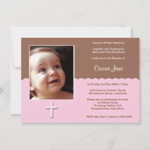 Invitaciones al bautismo marrón y rosado