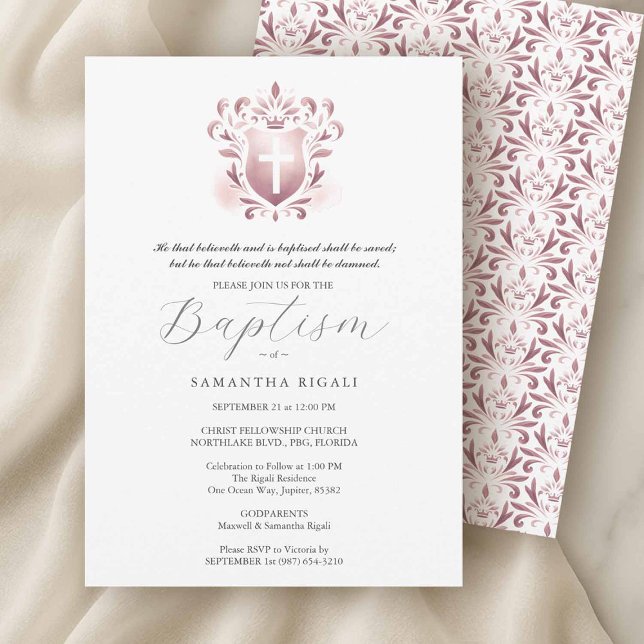 Invitaciones al bautismo Nombre de padrinos religi (Girl baptism invitations with dusty pink designs on a crisp white background.)