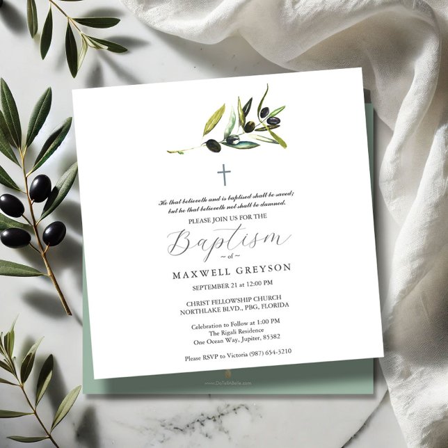 Invitaciones al bautismo Rama de Oliva Religiosa (Square Baptism invitations watercolor olive branch art by Victoria Grigaliunas Do Tell A Belle)
