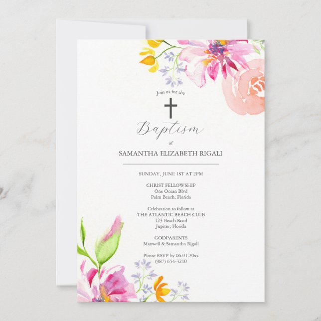 Invitaciones al bautismo rosa Padrinos nombran flo
