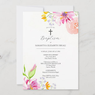 Invitaciones al bautismo rosa Padrinos nombran flo