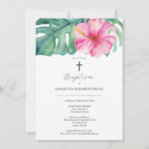 Invitaciones al bautismo tropical a la flor rosada