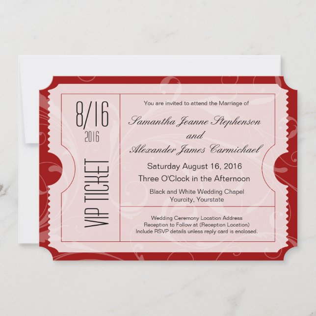 Invitaciones al billete de Boda VIP rojo (Anverso)