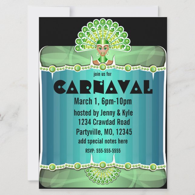 Invitaciones al Carnaval de Green Peacock Lady (Anverso)