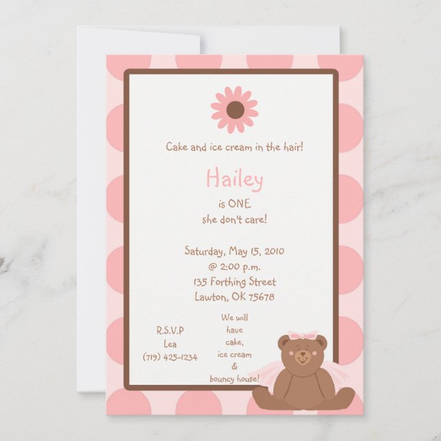 Invitaciones al Chica de cumpleaños de Teddy Bear (Anverso)