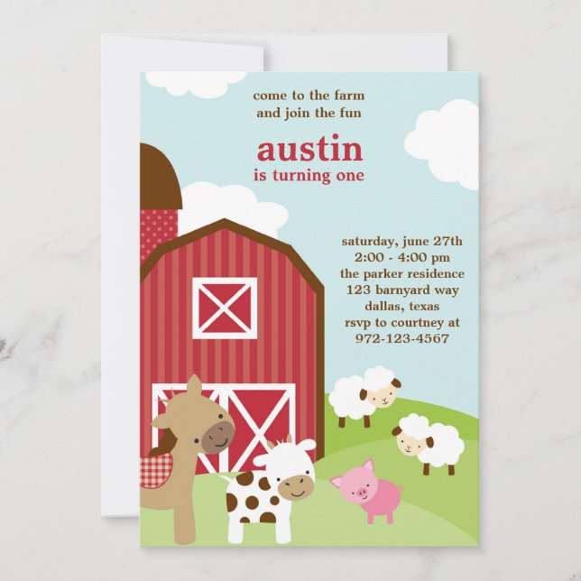 Invitaciones al cumpleaños de animales de granja (Anverso)