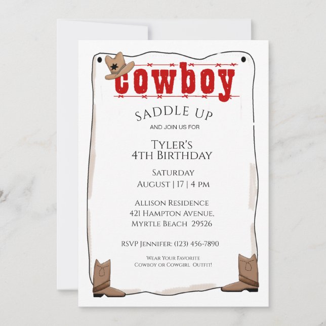 Invitaciones al cumpleaños de Cowboy (Anverso)