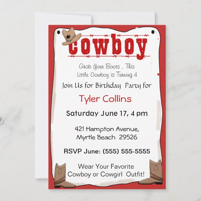 Invitaciones al cumpleaños de Cowboy (Anverso)