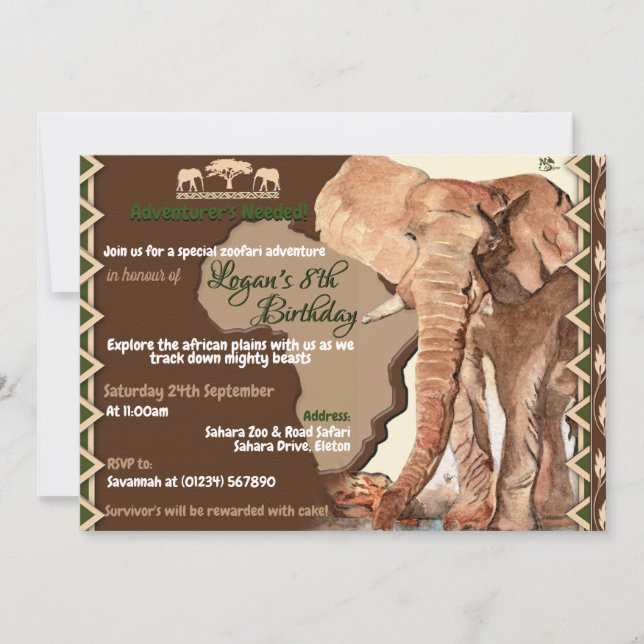 Invitaciones al cumpleaños de Elephant Safari (Anverso)