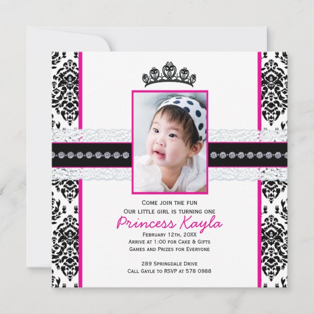 Invitaciones al cumpleaños de la foto de Damask Pr (Anverso)