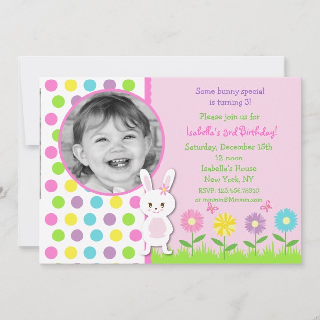 Invitaciones al cumpleaños de la foto del conejo d (Anverso)