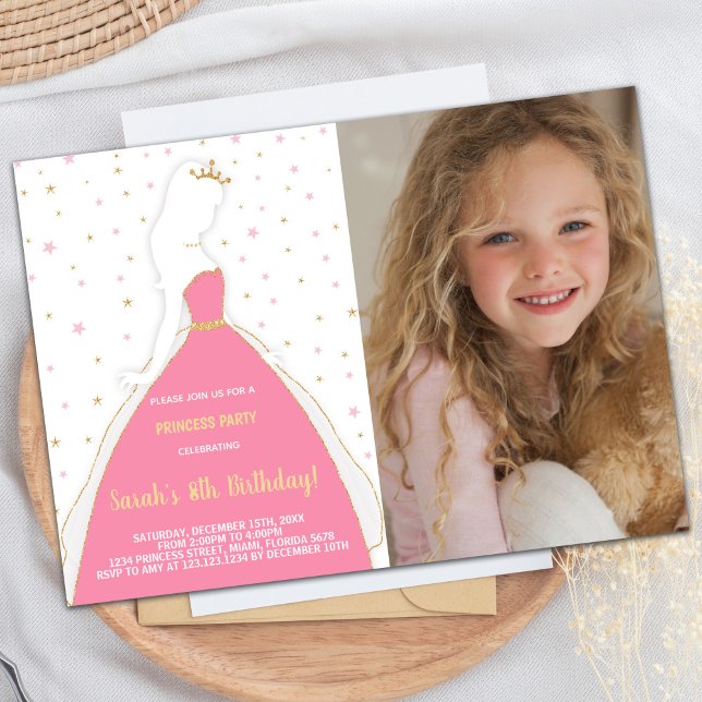 Invitaciones al cumpleaños de la princesa rosa Pur (Photo Glitter Pink Princess Birthday Invitations)