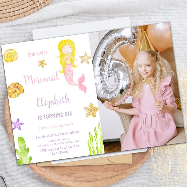 Invitaciones al cumpleaños de la sirena con foto (Little Mermaid Birthday Invitations with photo)
