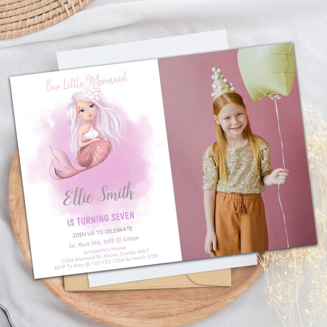 Invitaciones al cumpleaños de la sirena de cola de (Copper Tail Mermaid Birthday Invitations w photo)