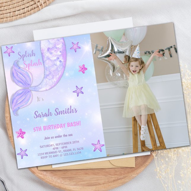 Invitaciones al cumpleaños de la sirena de Estrell (Purple Star Mermaid Birthday Invitations w photo)