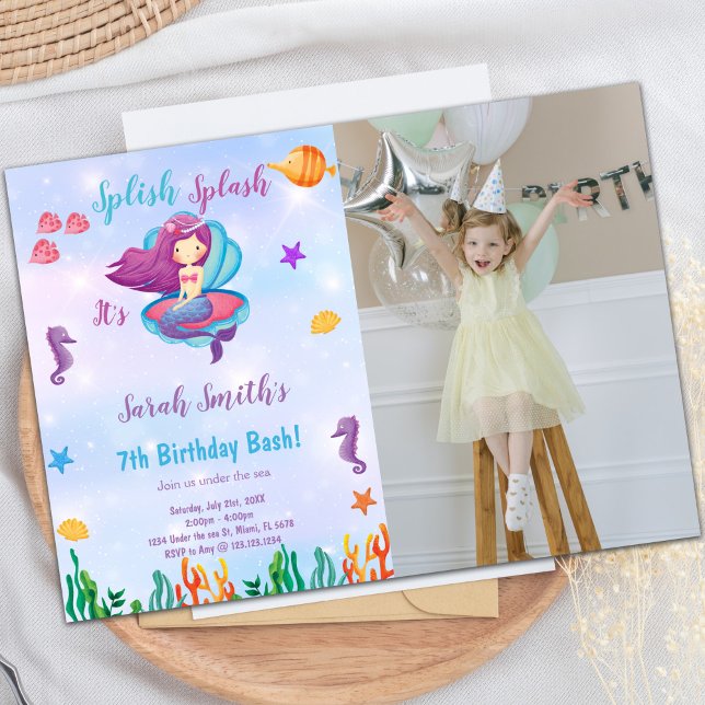 Invitaciones al cumpleaños de la sirena de la plat (Photo Purple Shell Mermaid Birthday Invitations)
