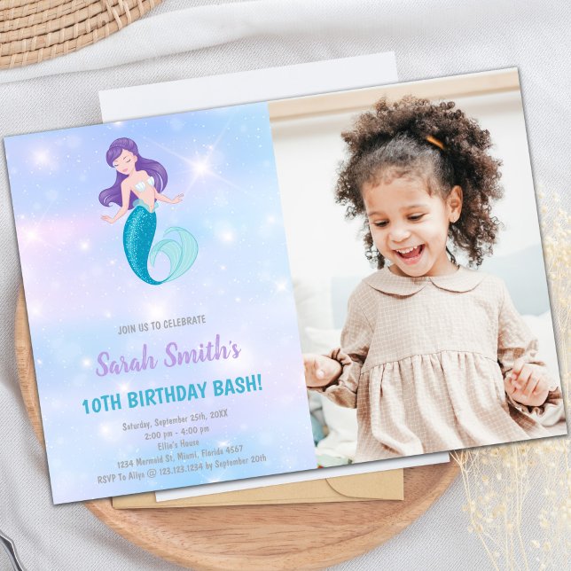 Invitaciones al cumpleaños de la sirena morada (Purple shine Mermaid Birthday Invitations w Photo)