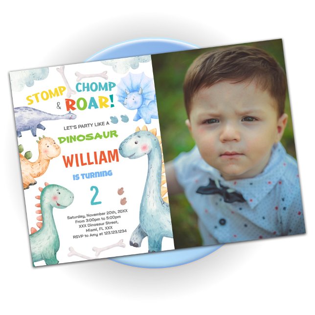 Invitaciones al cumpleaños de los dinosaurios verd (Blue Green Dinosaur Birthday Invitations w photo)