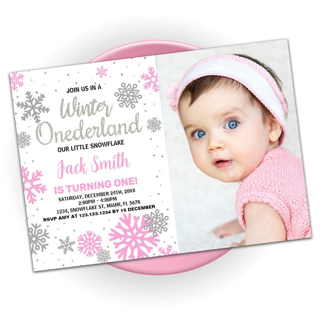 Invitaciones al cumpleaños de Onederland en invier (Winter Onederland Birthday Invitations White Photo)