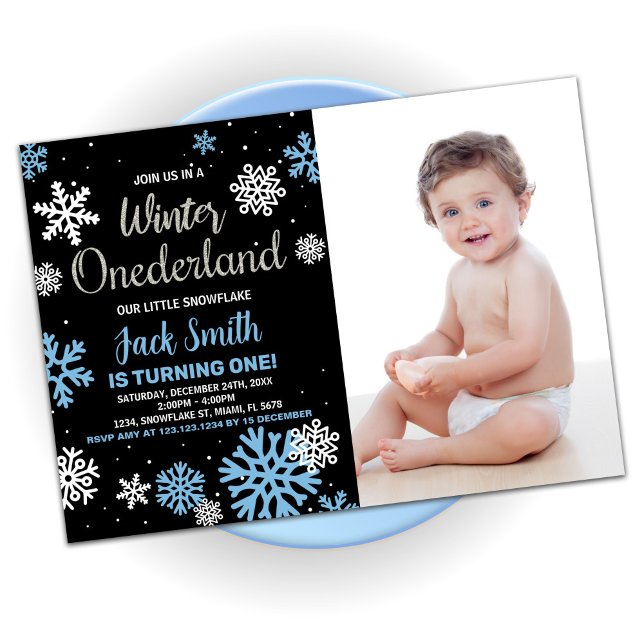 Invitaciones al cumpleaños de Onederland en invier (Winter Onederland Birthday Invitations Black Photo)