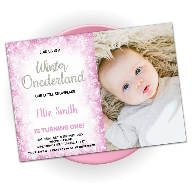 Invitaciones al cumpleaños de Onederland en invier (Winter Onederland Birthday Invitations Pink Photo)