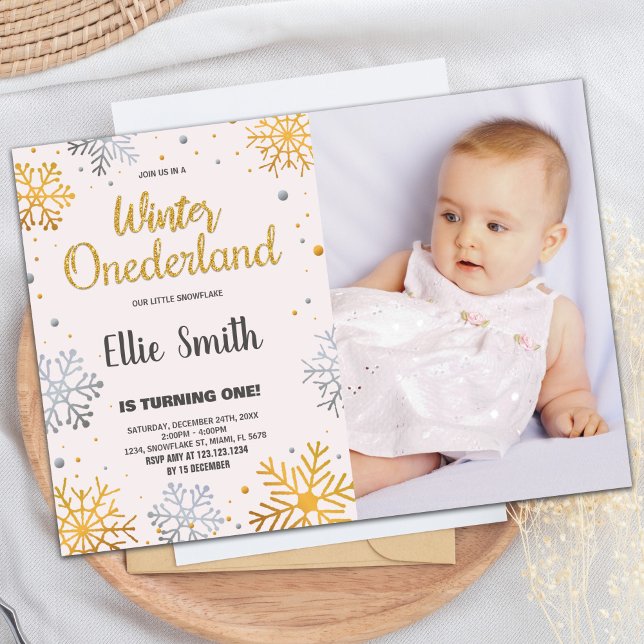 Invitaciones al cumpleaños de Onederland en invier (Winter ONEderland Birthday Invitations Snow Photo)