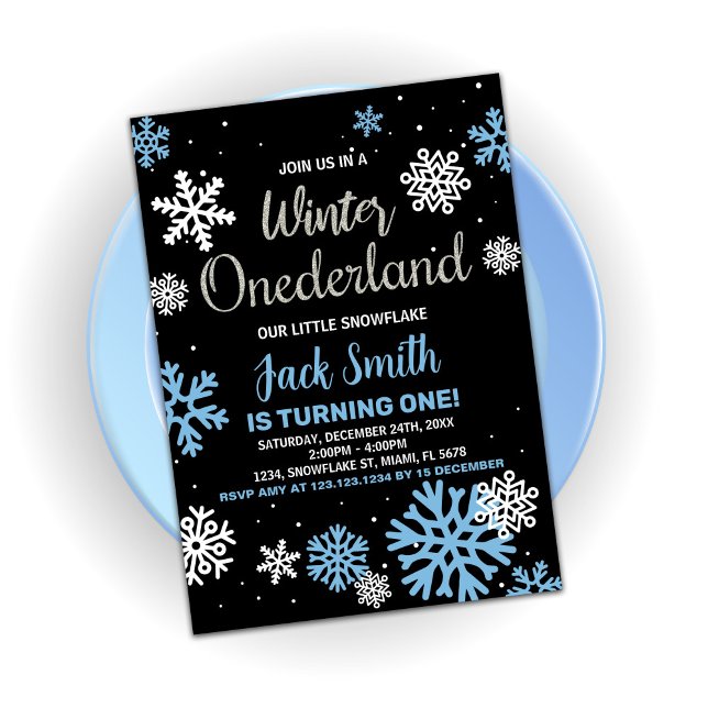 Invitaciones al cumpleaños de Onederland en invier (Winter Onederland Birthday Invitations Blue Black)