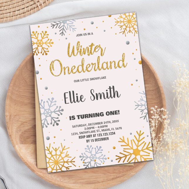 Invitaciones al cumpleaños de Onederland en invier (Winter ONEderland Birthday Invitations Snow Golden)