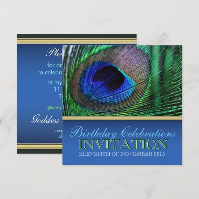 Invitaciones al cumpleaños de Peacock Blue+Green F (Anverso / Reverso)
